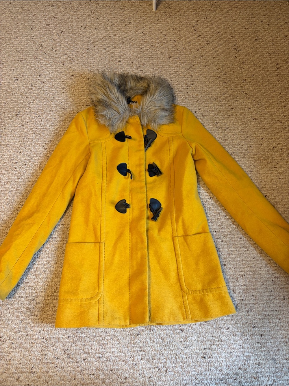 Divided Bright Yellow Toggle Pea Coat with Faux Fur Collar
